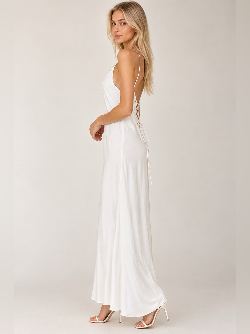 Stradivarius White Maxi Slip Dress Lace-Up Corset Back Size S